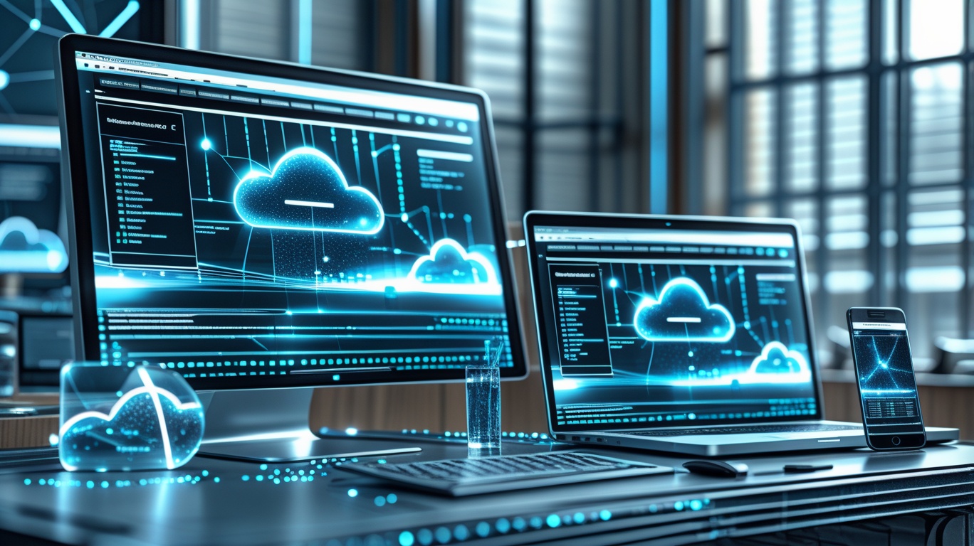 Moderne website- en cloudomgeving op desktop, laptop en smartphone — Websites & Online Zichtbaarheid